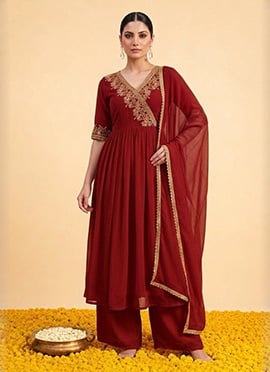 Maroon Georgette Zari Resham Embroidered Angarkha Palazzo Suit