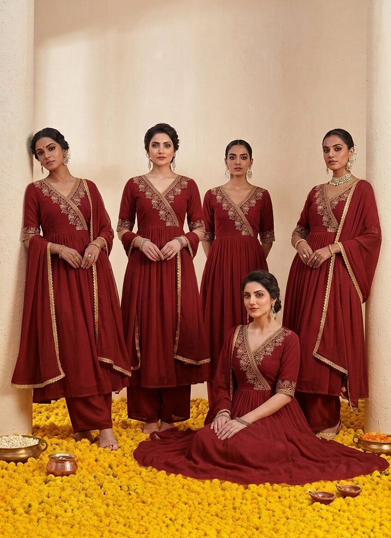 Maroon Georgette Zari Resham Embroidered Angarkha Palazzo Suit Festive Wear