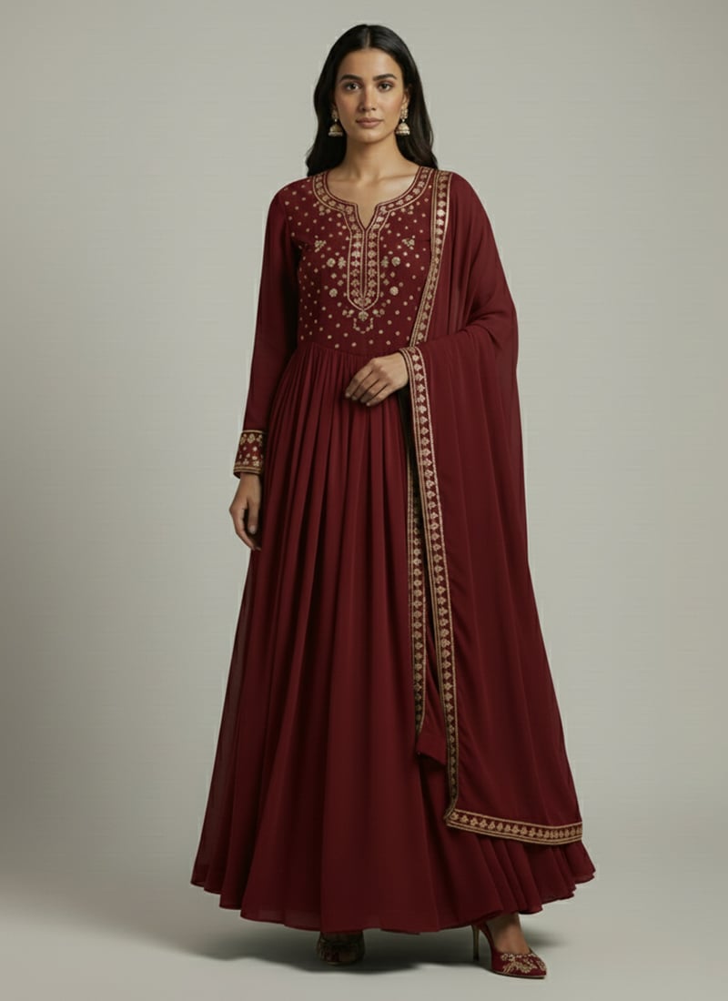 Maroon Georgette Zari Sequins Anarkali Suit Festive Wear