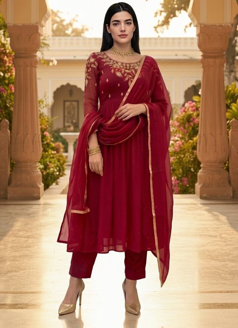 Maroon Georgette Zari Sequins Embroidered Anarkali Suit Festive Wear