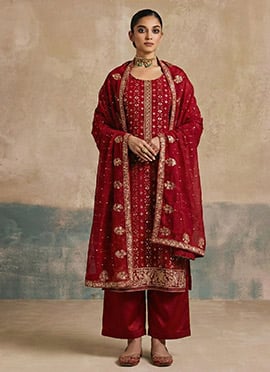 Maroon Georgette Zari Sequins Embroidered Pakistani Straight Pant Suit