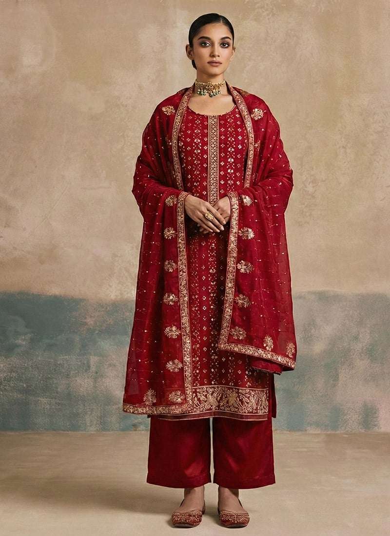 Maroon Georgette Zari Sequins Embroidered Pakistani Straight Pant Suit Festive Wear
