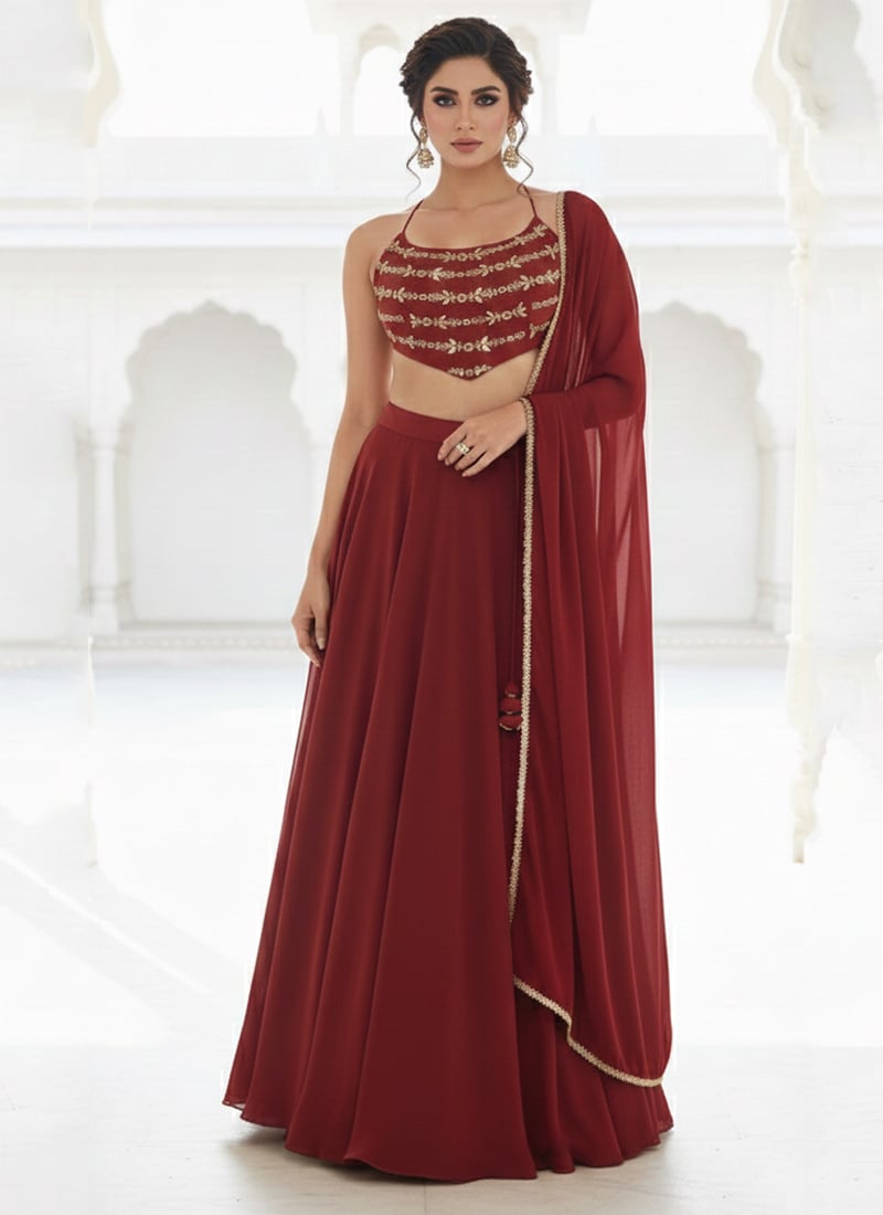 Maroon Georgette Zari Sequins Hand Embroidered A Line Lehenga Wedding Wear