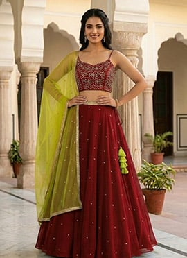 Maroon Georgette Zari Sequins Hand Embroidered Lehenga
