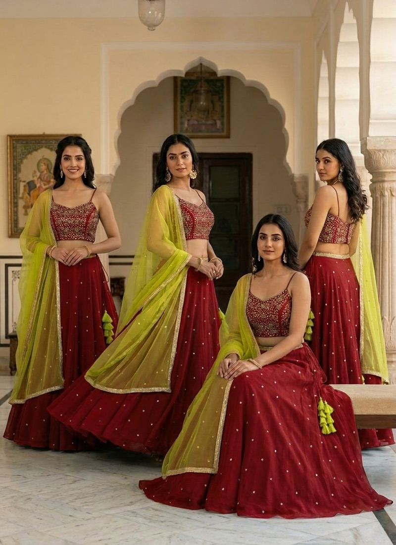Maroon Georgette Zari Sequins Hand Embroidered Lehenga Wedding Wear
