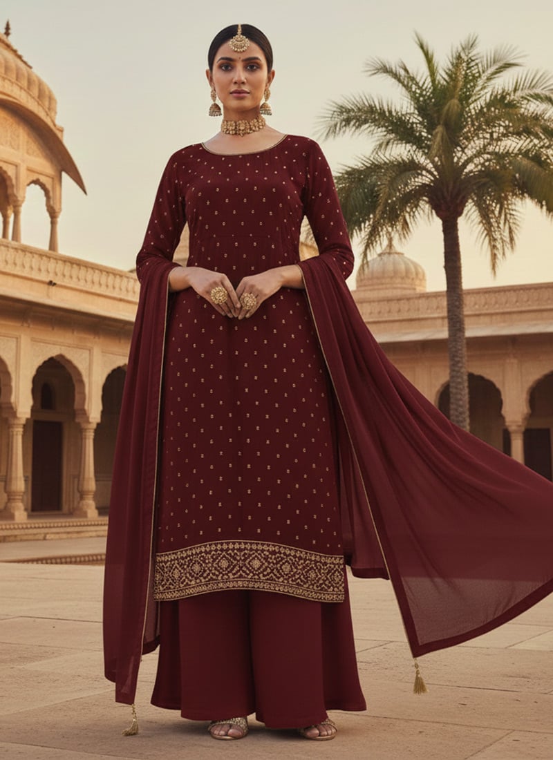 Maroon Georgette Zari Sequins Palazzo Suit Festive Wear