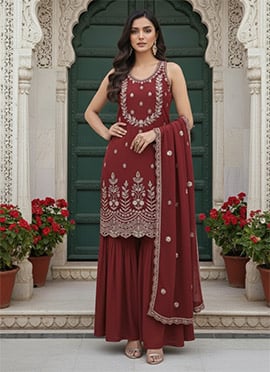 Maroon Georgette Zari Sequins Sharara Suit