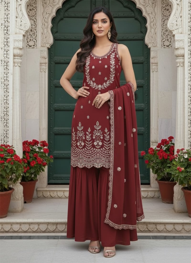Maroon Georgette Zari Sequins Sharara Suit Festive Wear
