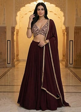 Maroon Georgette Zari Sequins Stone Hand Embroidered Lehenga