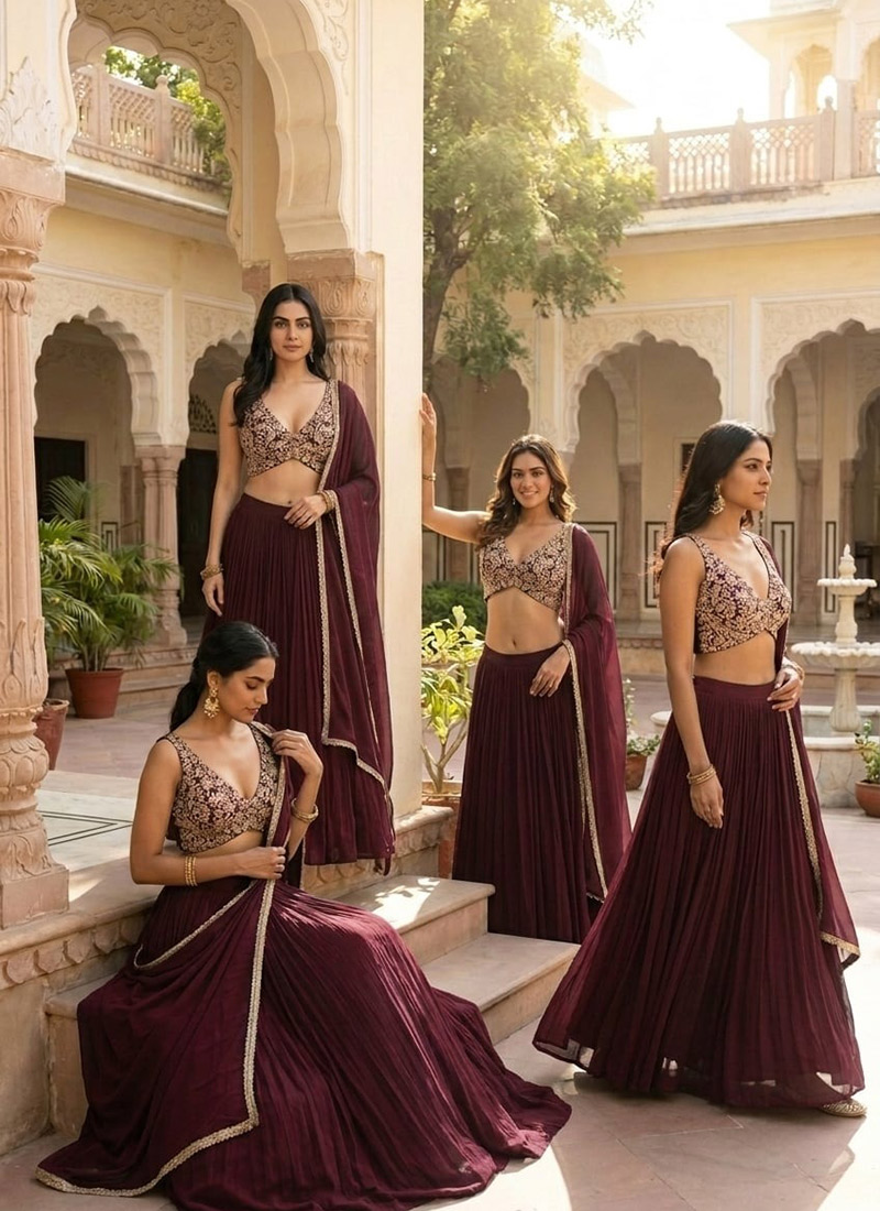 Maroon Georgette Zari Sequins Stone Hand Embroidered Lehenga Wedding Wear