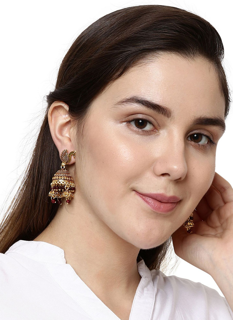 Maroon Gold Plated Enamelled DomeShaped Jhumka Earrings After Six Wear
