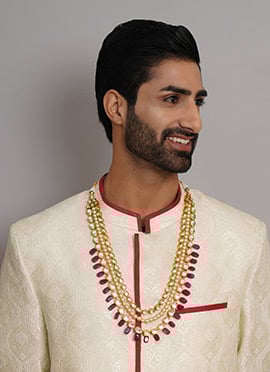 Maroon Gold Plated Kundan And Pearl Meenakari Long Necklace For Men