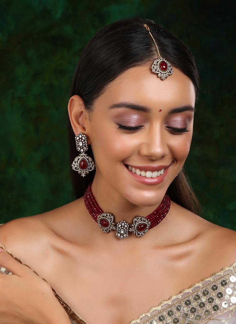 Maroon Gold Plated Kundan Studded With Pearl And Stone Work Choker Wedding Wear