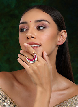 Maroon Gold Plated Kundan Work Half Moon Ring
