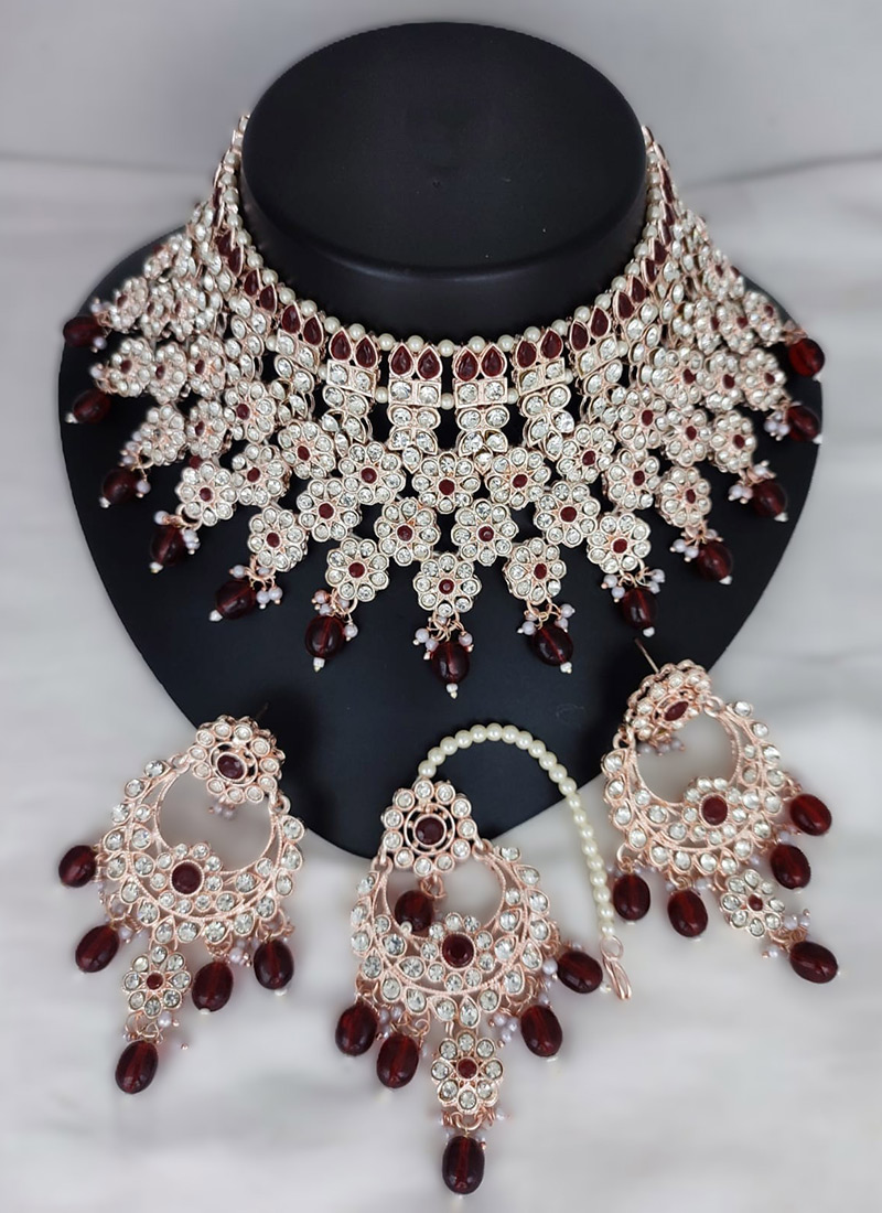 Maroon Gold Plated Stone And Beads Gorgeous Necklace Wedding Wear-JYSRK195269