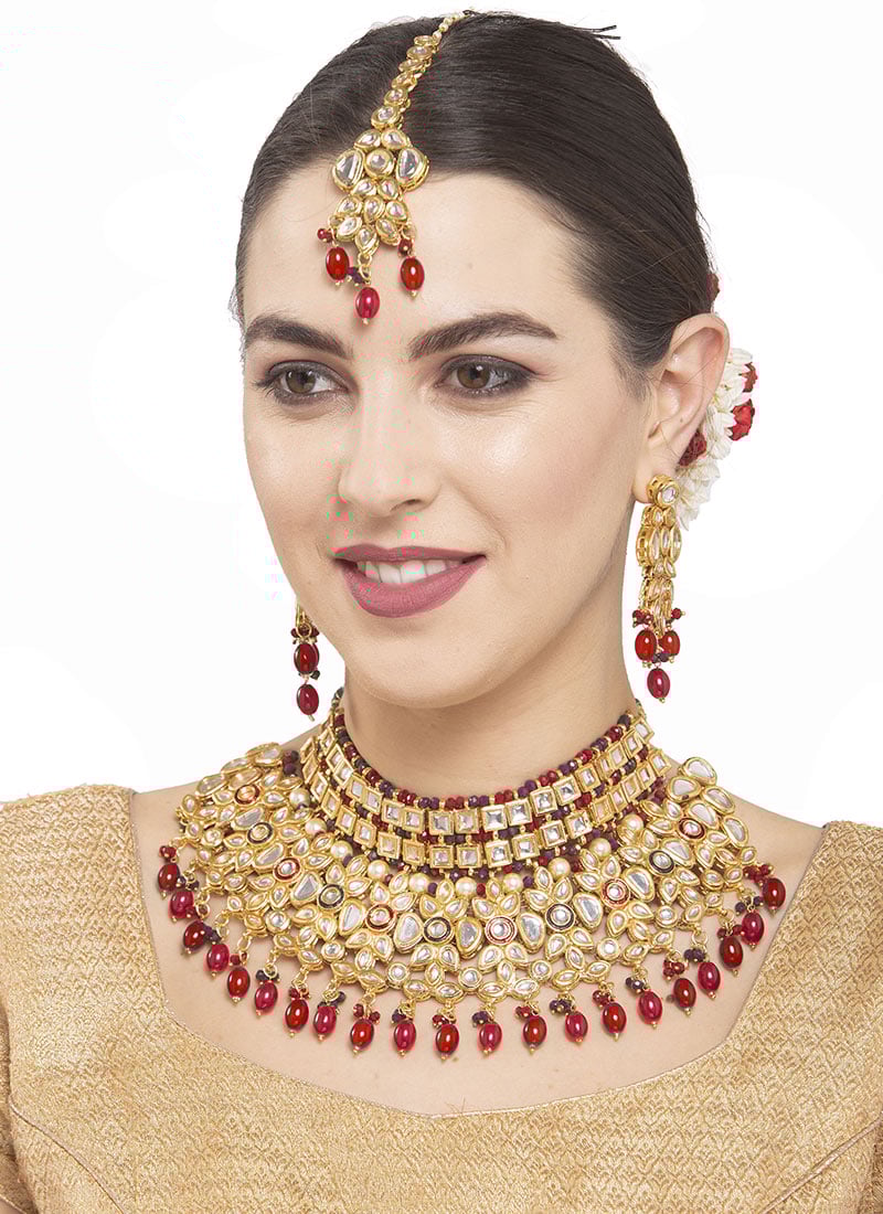 Maroon Golden Plated Kundan Beads Necklace Set Wedding Wear-JYDMF564MR