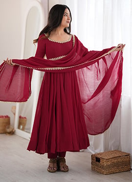 Maroon Gota Beads Mirror Work Chanderi Anarkali Suit