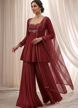 Maroon Hand Embroidered Beads Cutdana Sequins Georgette Palazzo Suit