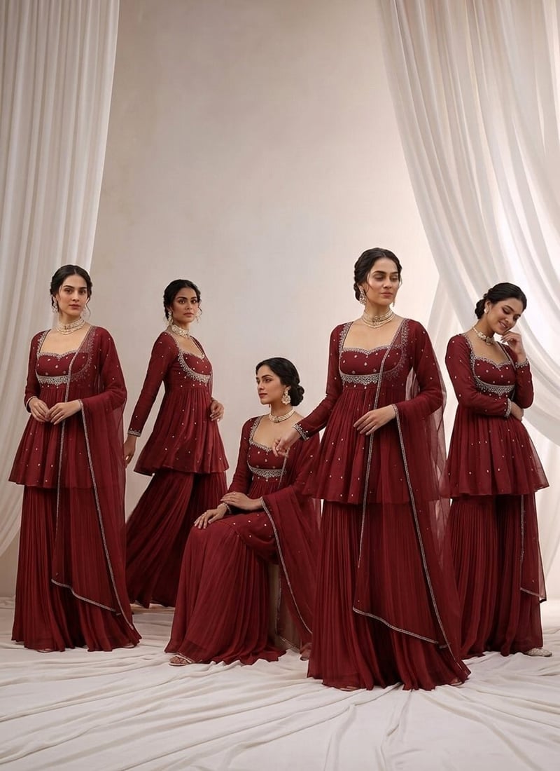 Maroon Hand Embroidered Beads Cutdana Sequins Georgette Palazzo Suit Wedding Wear
