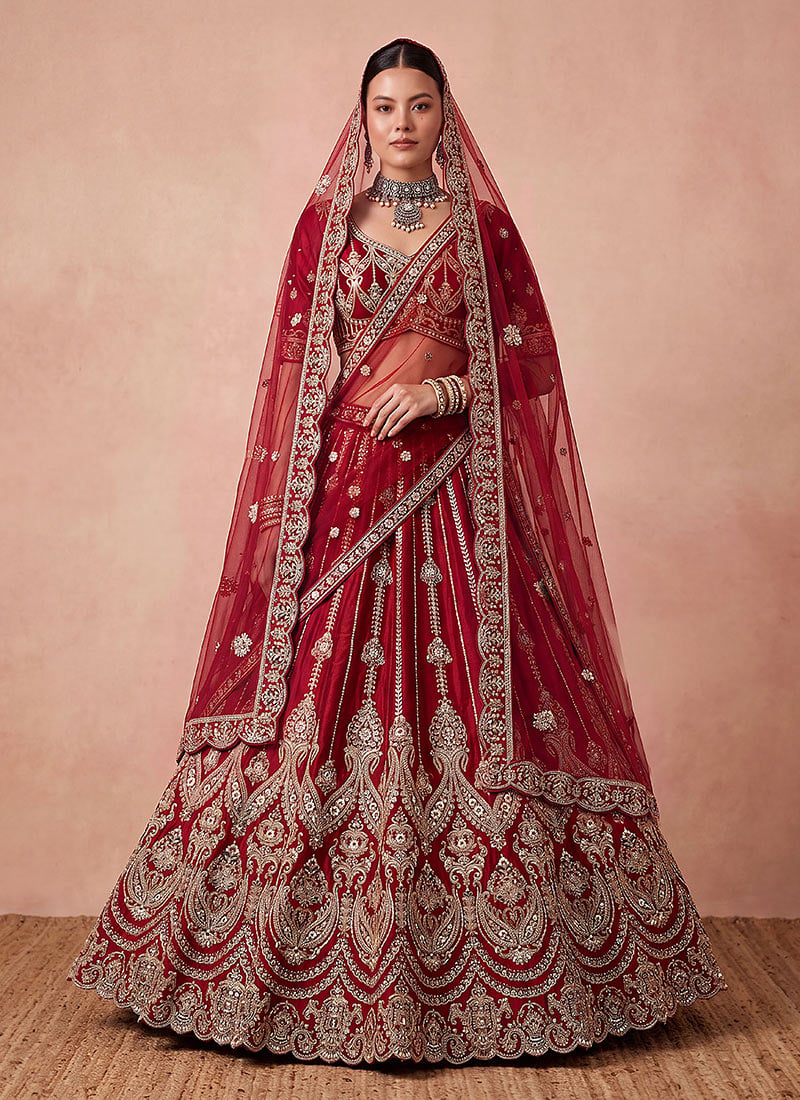 Maroon Hand Embroidered Sequins Zari Work Silk Lehenga Wedding Wear