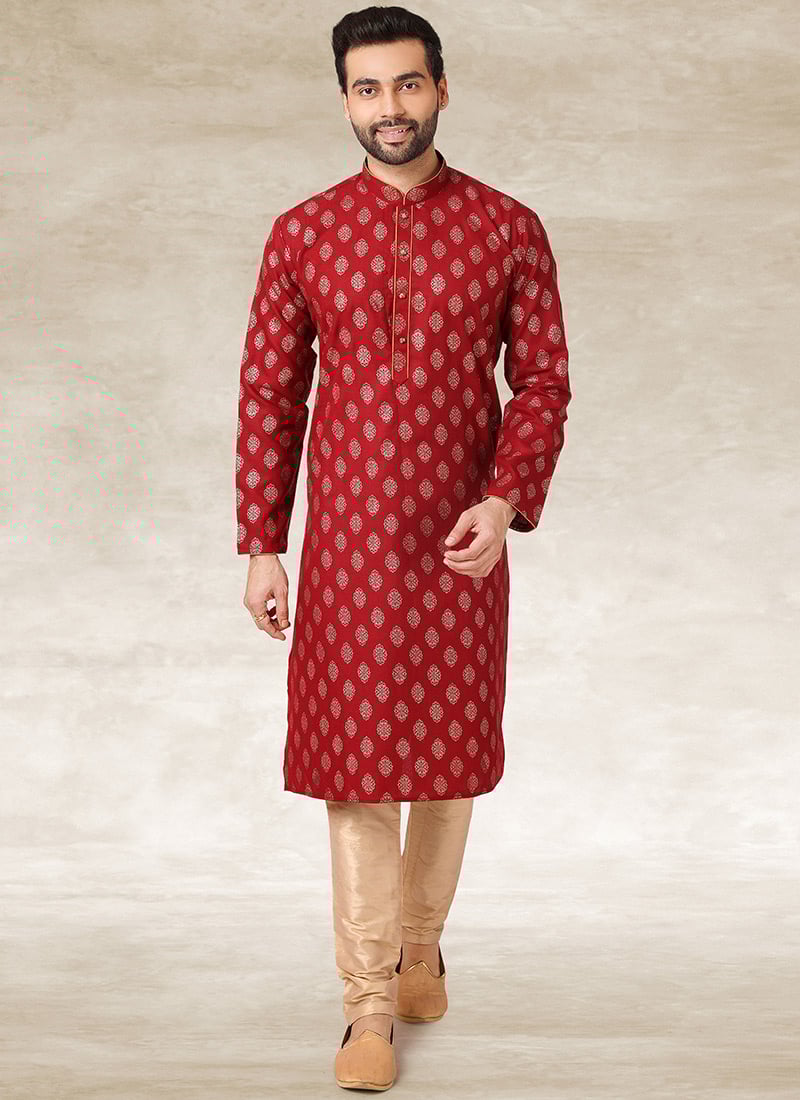 Maroon Handloom Cotton Printed Kurta Pyjama