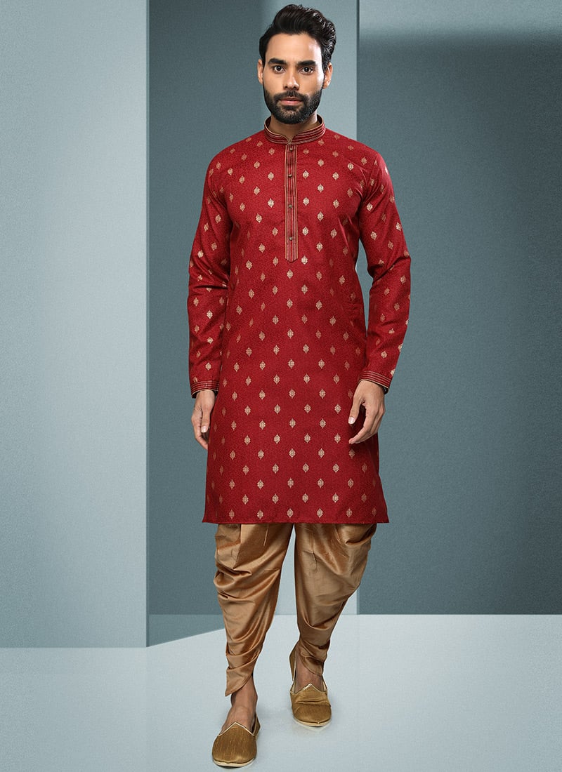 Maroon Handloom Cotton Printed Kurta Pyjama Party Wear