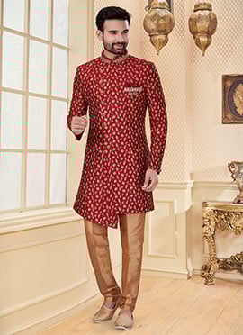 Maroon Heavy Jacquard Embroidery Classic Sherwani