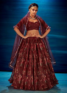 Maroon Heavy Organza Digital Printed Umbrella Lehenga