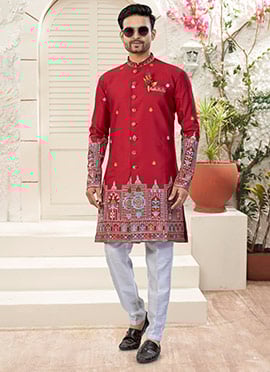 Maroon Imported Silk Embroidered Sequins Work Indowestern Sherwani