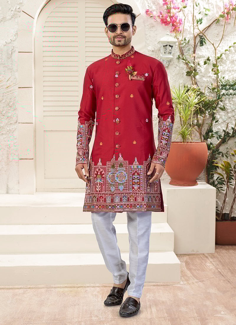 Maroon Imported Silk Embroidered Sequins Work Indowestern Sherwani Wedding Wear