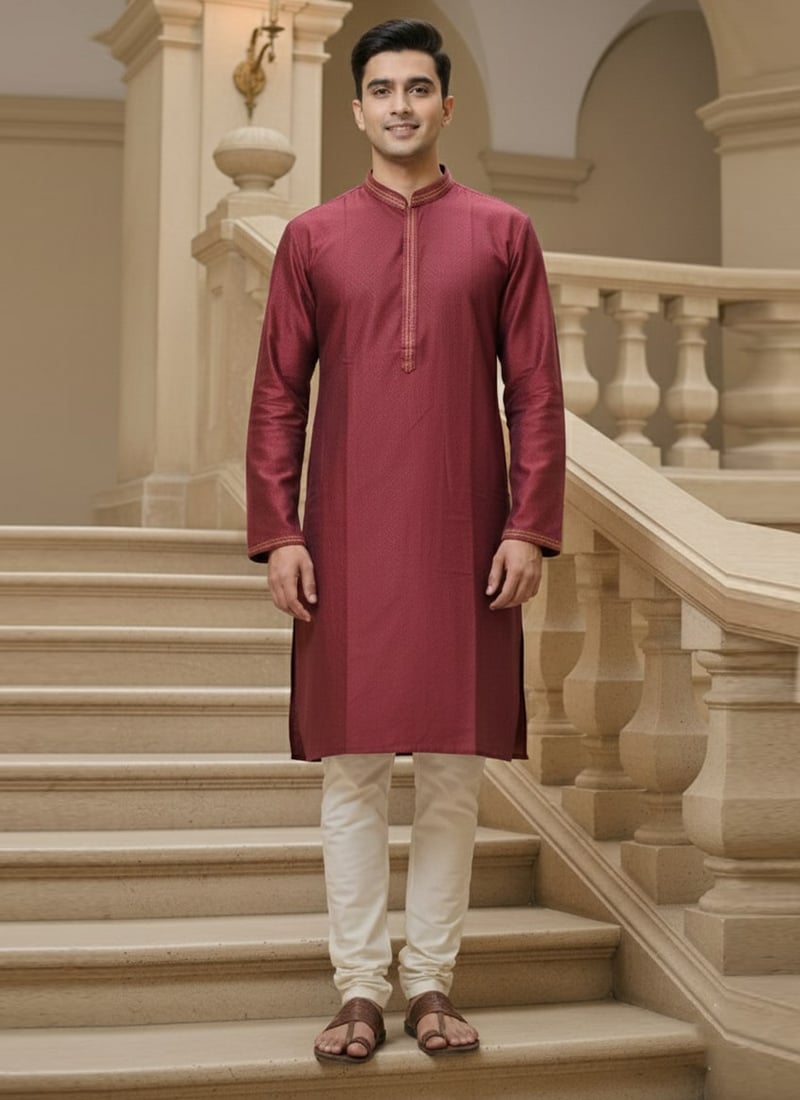 Maroon Jacquard Embroidered Kurta Pyjama Festive Wear