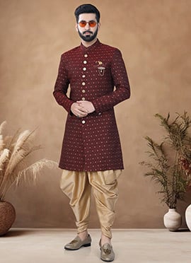 Maroon Jacquard Indowestern Sherwani