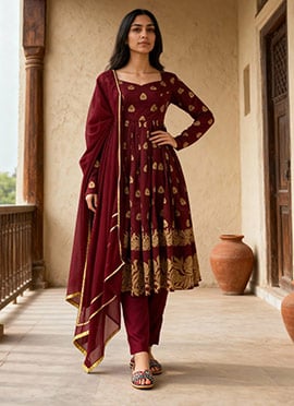 Maroon Jacquard Silk Anarkali Suit