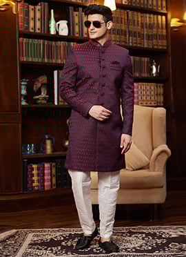 Maroon Jacquard Silk Beads And Zari Hand Work Indowestern Sherwani