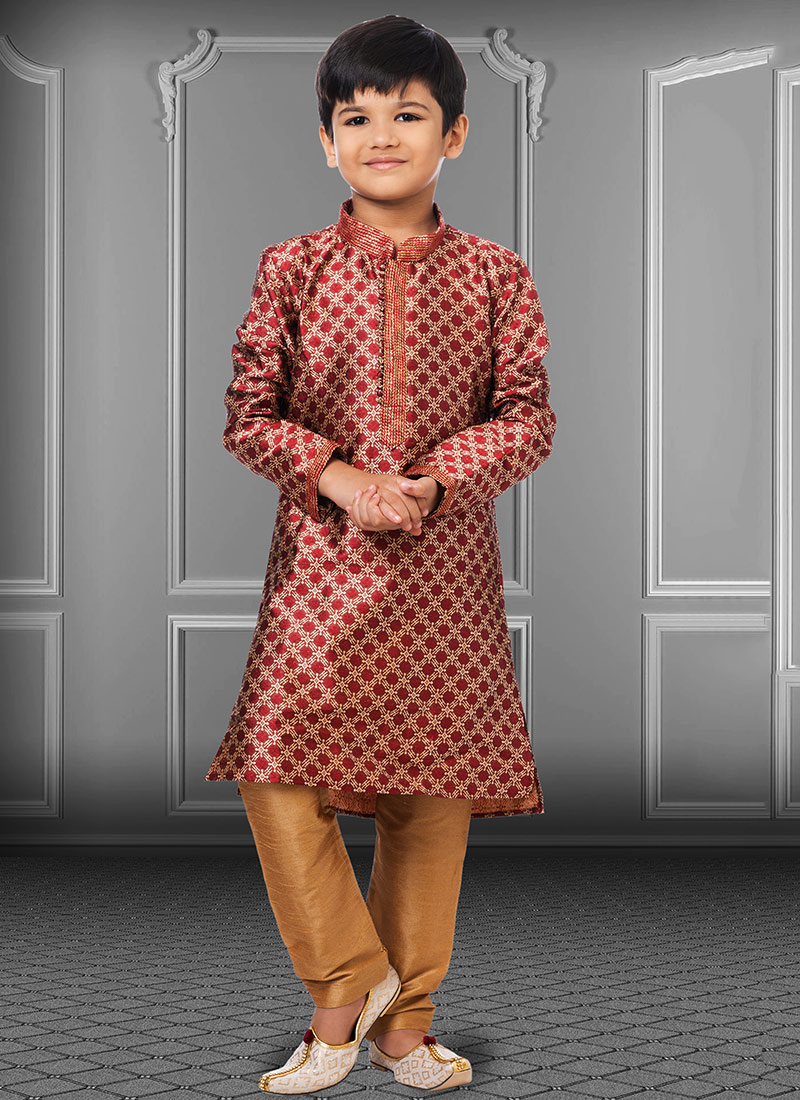 Maroon Jacquard Silk Boys Kurta Pyjama  Party Wear