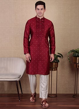 Maroon Jacquard Silk Embroidered Kurta Pyjama
