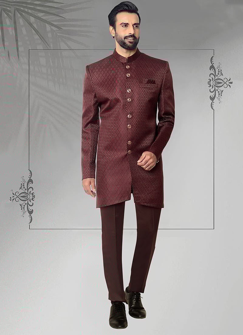Maroon Jacquard Silk Indowestern Sherwani Wedding Wear