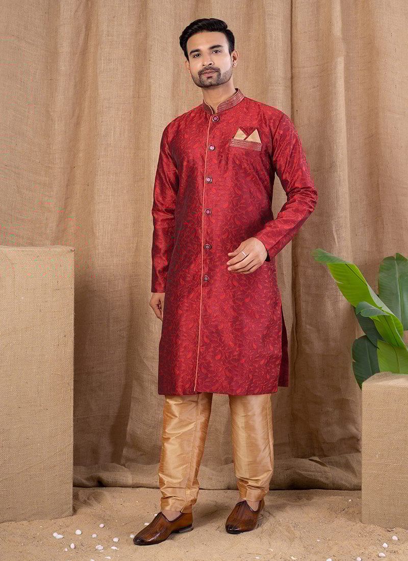 Maroon Jacquard Silk Indowestern Sherwani