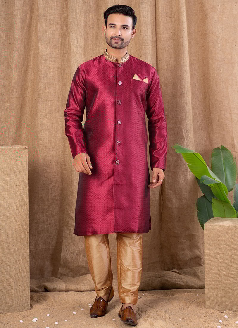 Maroon Jacquard Silk Indowestern Sherwani