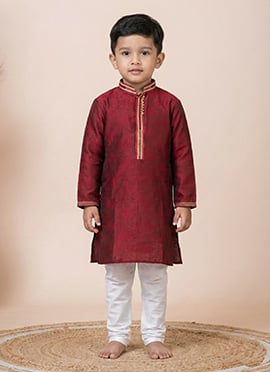 Maroon Jacquard Silk Kids Boys Kurta Pyjama