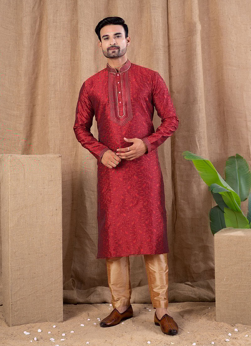 Maroon Jacquard Silk Kurta Pyjama