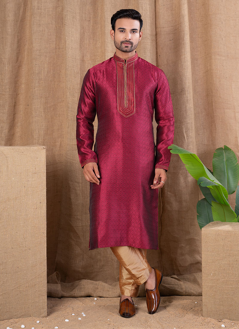 Maroon Jacquard Silk Kurta Pyjama