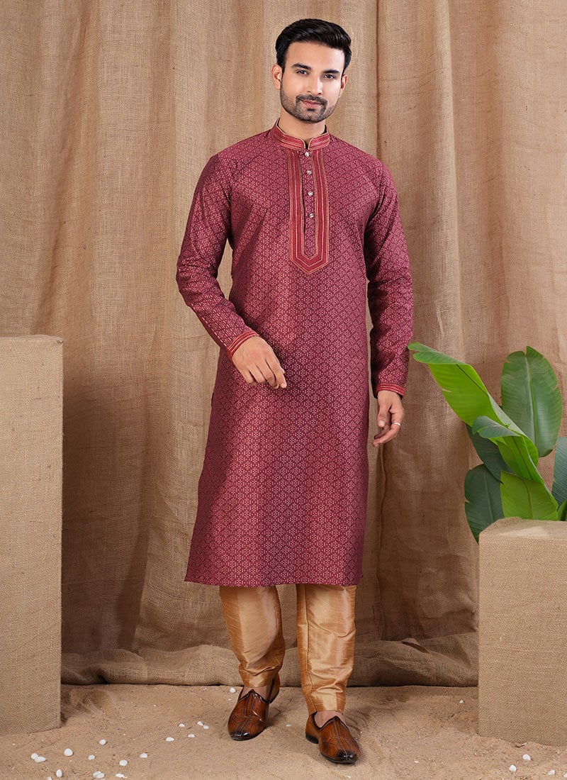 Maroon Jacquard Silk Kurta Pyjama Festive Wear