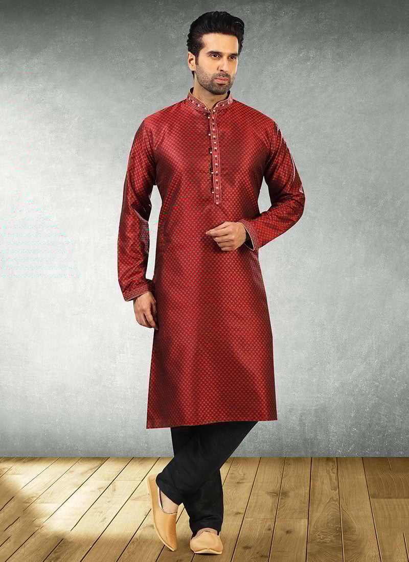 Maroon Jacquard Silk Pintux Kurta Pyjama Party Wear