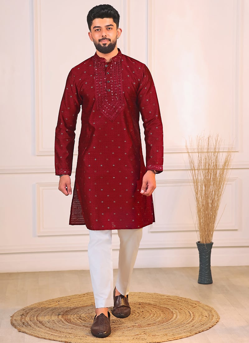 Maroon Jacquard Silk Thread Embroidered Kurta Pyjama Festive Wear