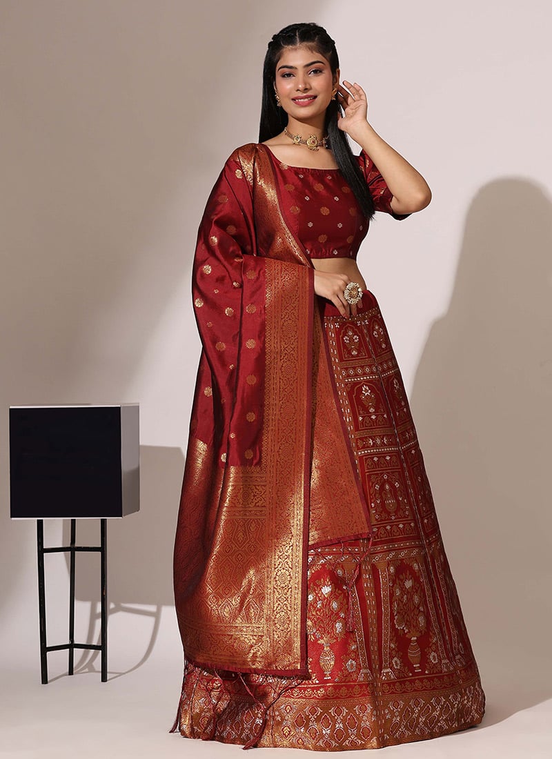Maroon Jacquard Silk Zari A Line Lehenga