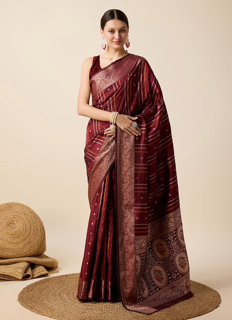 Maroon Jacquard Silk Zari Saree Festive Wear