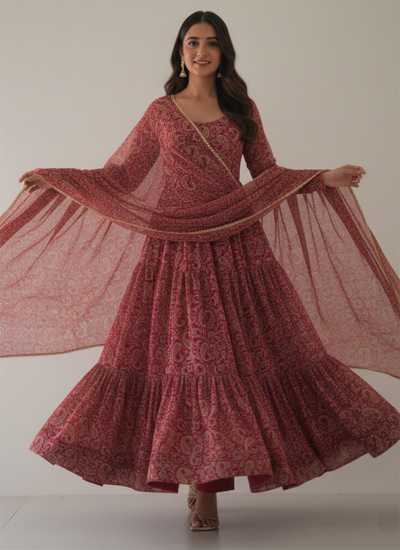 Maroon Kalamkari Printed Anarkali Suit After Six Wear