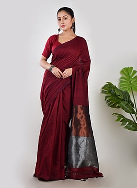 Maroon Khadi Cotton Zari Woven Saree