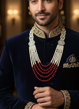 Maroon Kundan And Moti With Stone Men Necklace